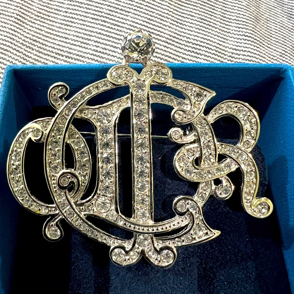 RARE NEW Christian Dior Monogram Brooch Pin Crystals. Made in Germany. NWT
